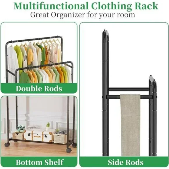 Rolling Clothes Rack Double Rod Garment Rack with Wheels Metal Black
